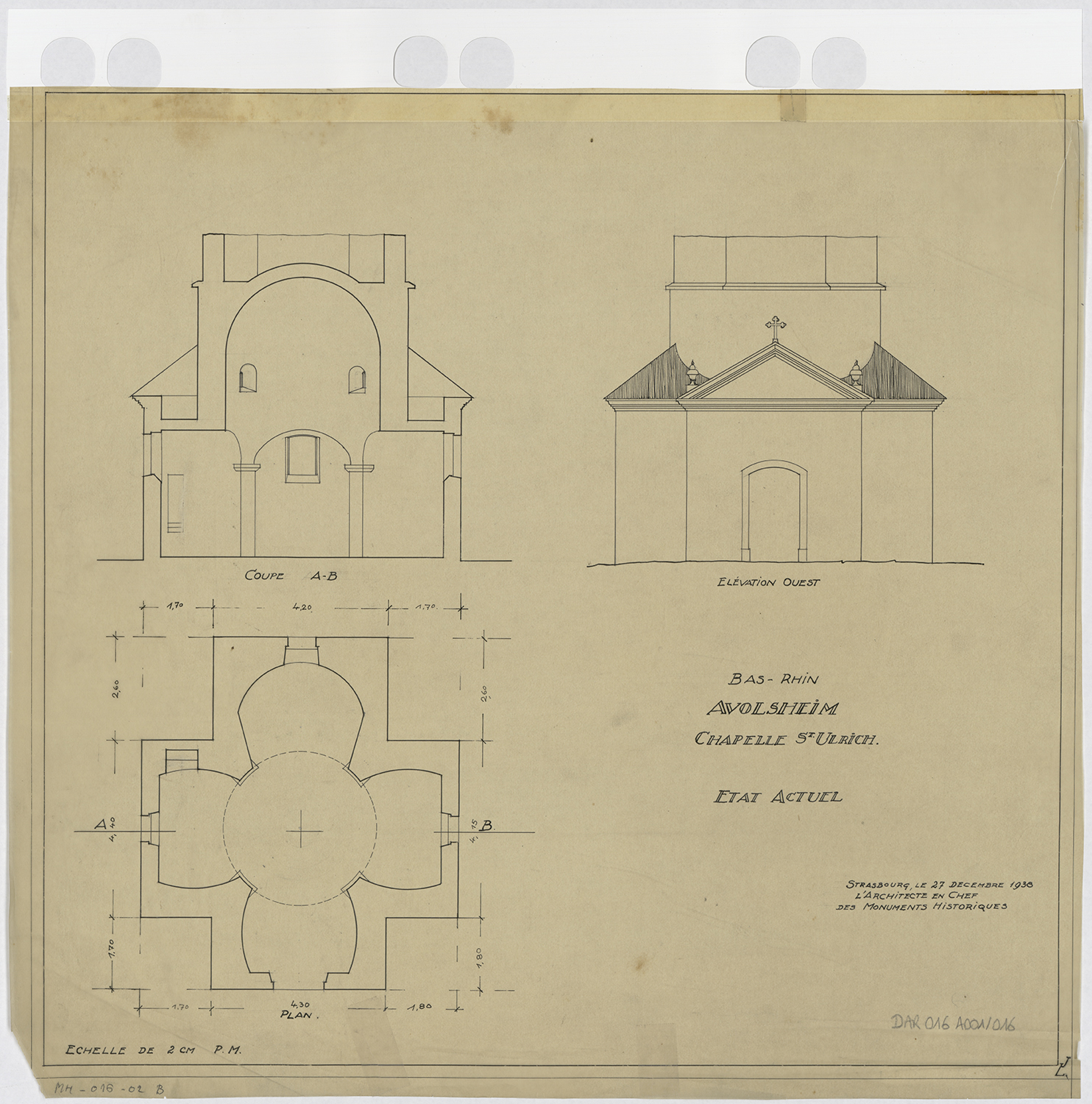 Plan de masse, élévation de la façade ouest et coupe A-B (état en 1938).